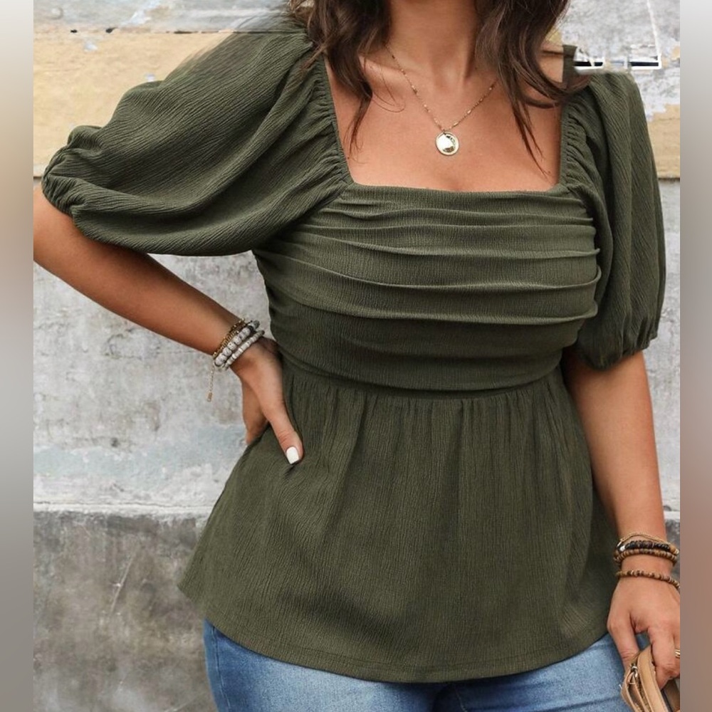 SHEIN Olive Green Puff Sleeve Blouse